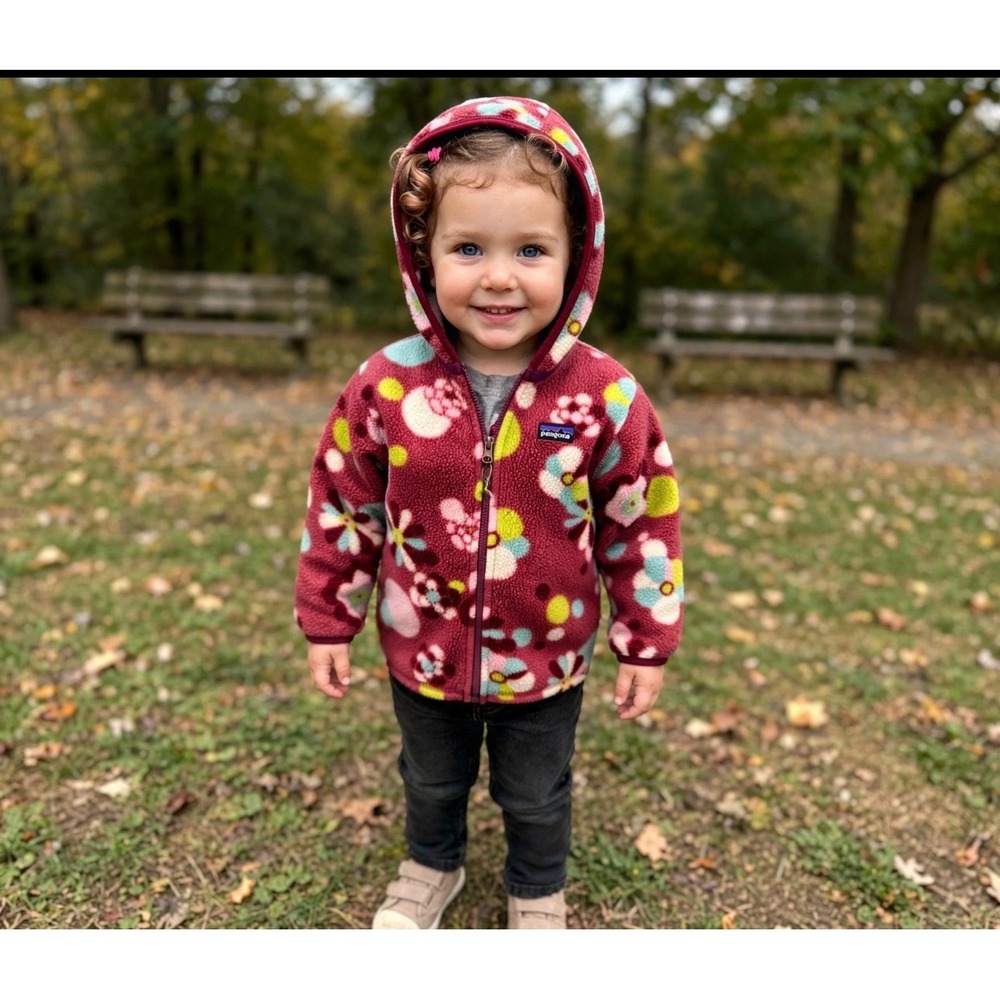 Patagonia Baby 3T Synchilla Fleece Full Zip Hooded Jacket Floral Maroon Red